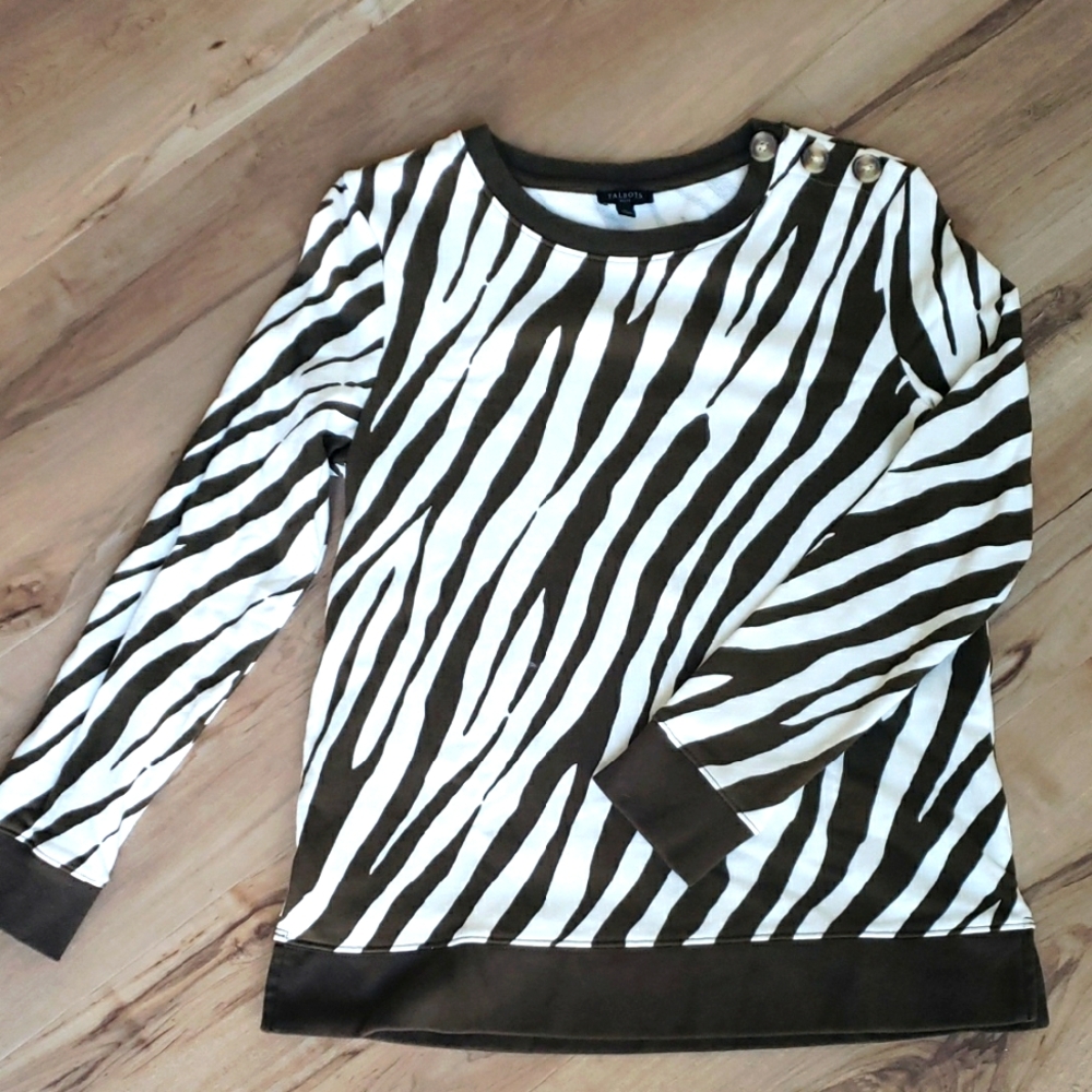 Talbots Olive Cream Zebra Print Long Sleeve Crewneck Sweatshirt Sz Petite M